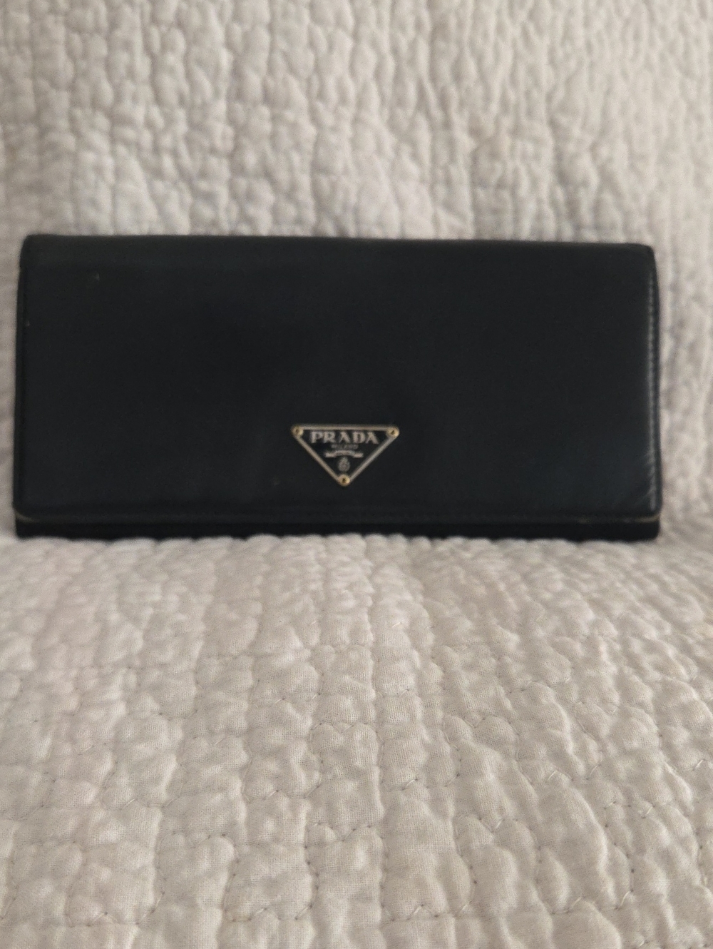 Prada Black Leather Triangular Logo Continental Wallet